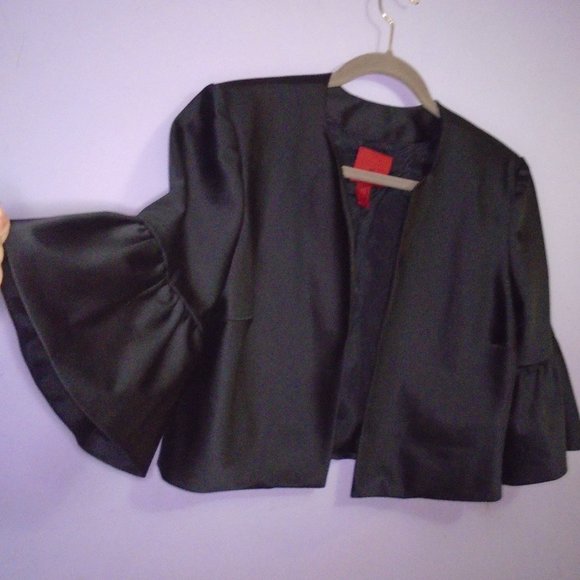 JS Collection Bell Sleeve Jacket Blazer Black Satin No collar with shoulder pads - Picture 2 of 8